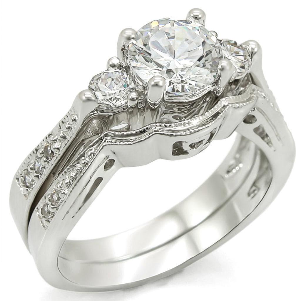 JCE2002 Rhodium Brass Ring with AAA Grade CZ  in Clear