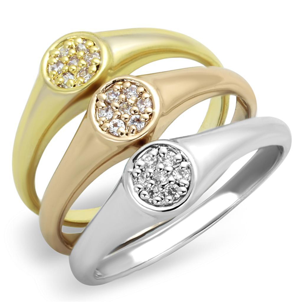 JCE862 Rhodium + Gold + Rose Gold Brass Ring with AAA Grade CZ  in Clear