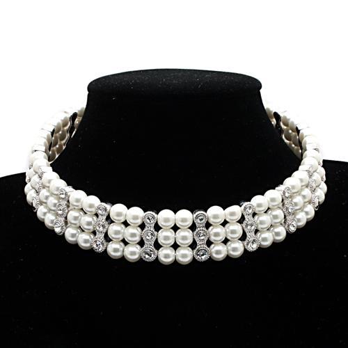 JCE1609 Rhodium Brass Necklace with Synthetic Pearl in White