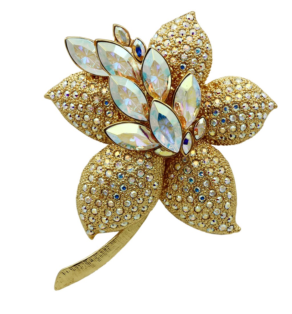 JCE2402 Gold White Metal Brooches with Top Grade Crystal  in Aurora Borealis (Rainbow Effect)