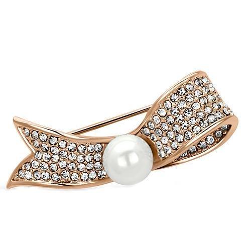 JCE2800 Flash Rose Gold White Metal Brooches with Synthetic Pearl in White