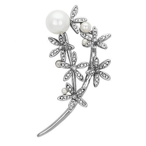 JCE2833 Imitation Rhodium White Metal Brooches with Synthetic Pearl in White