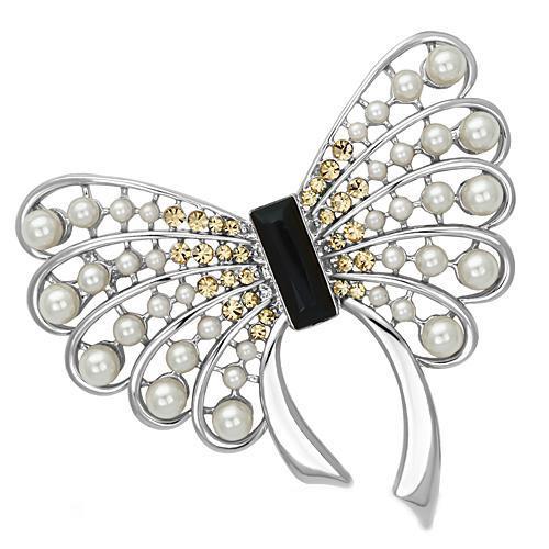 JCE2868 Imitation Rhodium White Metal Brooches with Synthetic Pearl in Jet