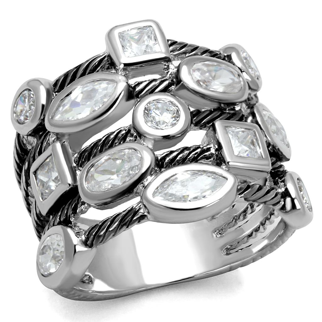 JCE4083 Rhodium Brass Ring with AAA Grade CZ  in Clear