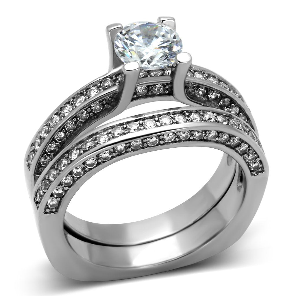 JCE1175 High polished (no plating) Stainless Steel Ring with AAA Grade CZ  in Clear