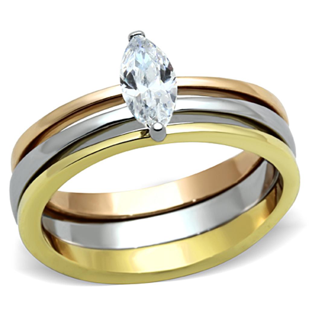 JCE1276 Three Tone IP+»-+-åIP Gold & IP Rose Gold & High Polished) Stainless Steel Ring with AAA Grade CZ  in Clear