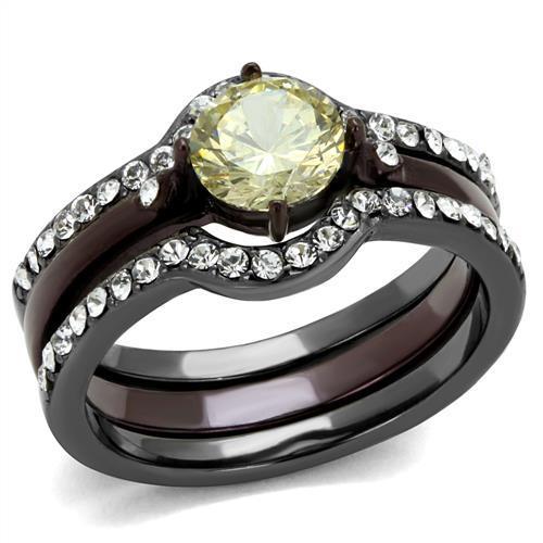 JCE1346DC IP Light Black (IP Gun) & IP Dark Brown (IP coffee) Stainless Steel Ring with AAA Grade CZ  in Citrine Yellow