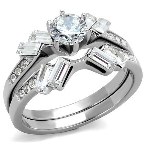 JCE1856 High polished (no plating) Stainless Steel Ring with AAA Grade CZ  in Clear