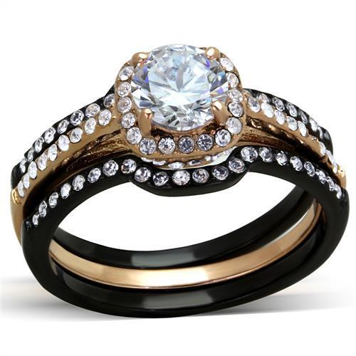 JCE2020 IP Rose Gold+ IP Black (Ion Plating) Stainless Steel Ring with AAA Grade CZ  in Clear