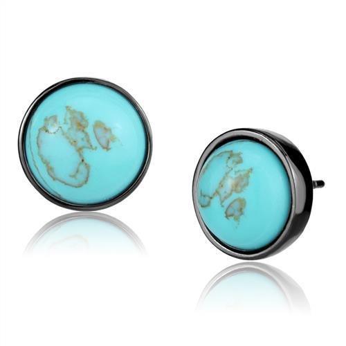 JCE2819 IP Light Black  (IP Gun) Stainless Steel Earrings with Synthetic Turquoise in Sea Blue