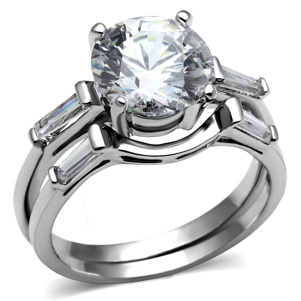 JCE2878 High polished (no plating) Stainless Steel Ring with AAA Grade CZ  in Clear