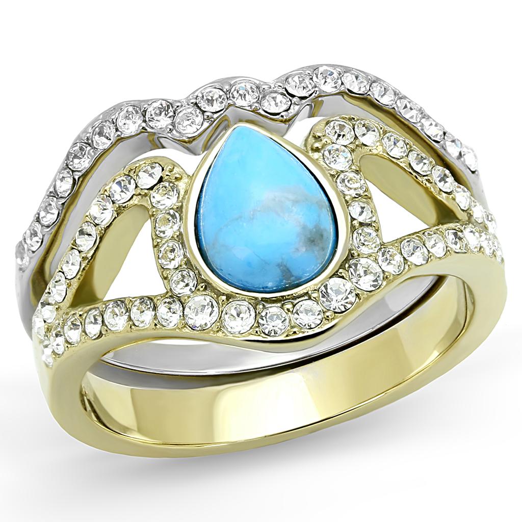 JCE3124 Two-Tone IP Gold (Ion Plating) Stainless Steel Ring with Synthetic Turquoise in Turquoise