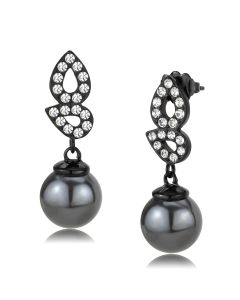 JCE3483 IP Black(Ion Plating) Stainless Steel Earrings with Synthetic Pearl in Gray