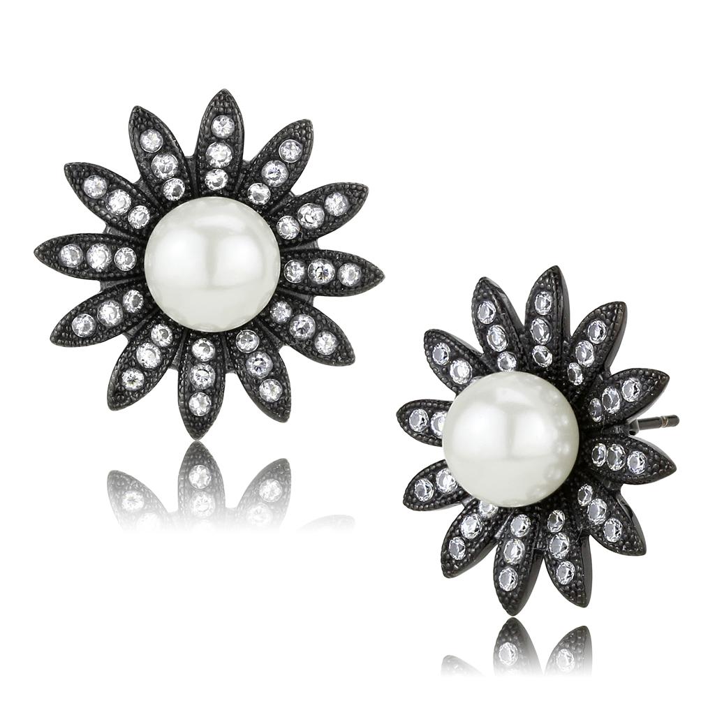 JCE3484 IP Black(Ion Plating) Stainless Steel Earrings with Synthetic Pearl in White