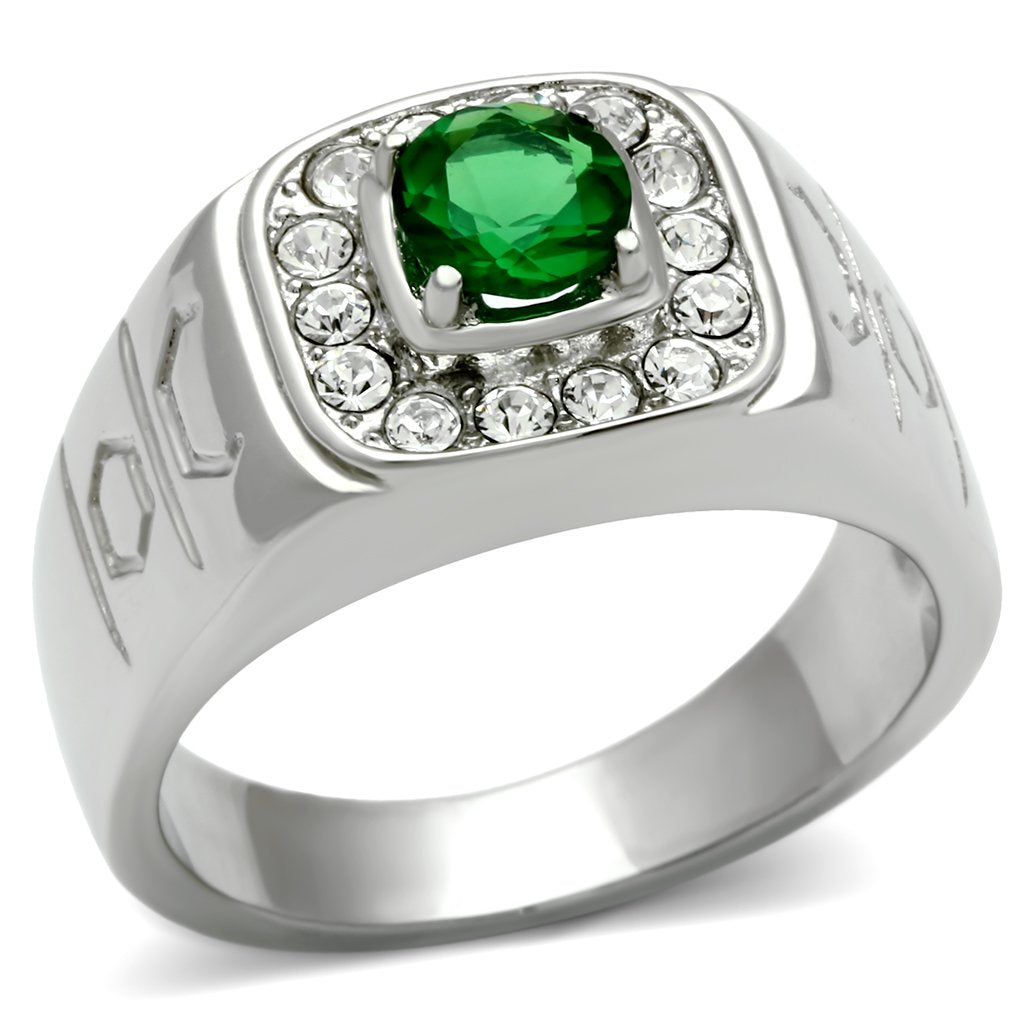 JCE496 High polished (no plating) Stainless Steel Ring with Synthetic Synthetic Glass in Emerald