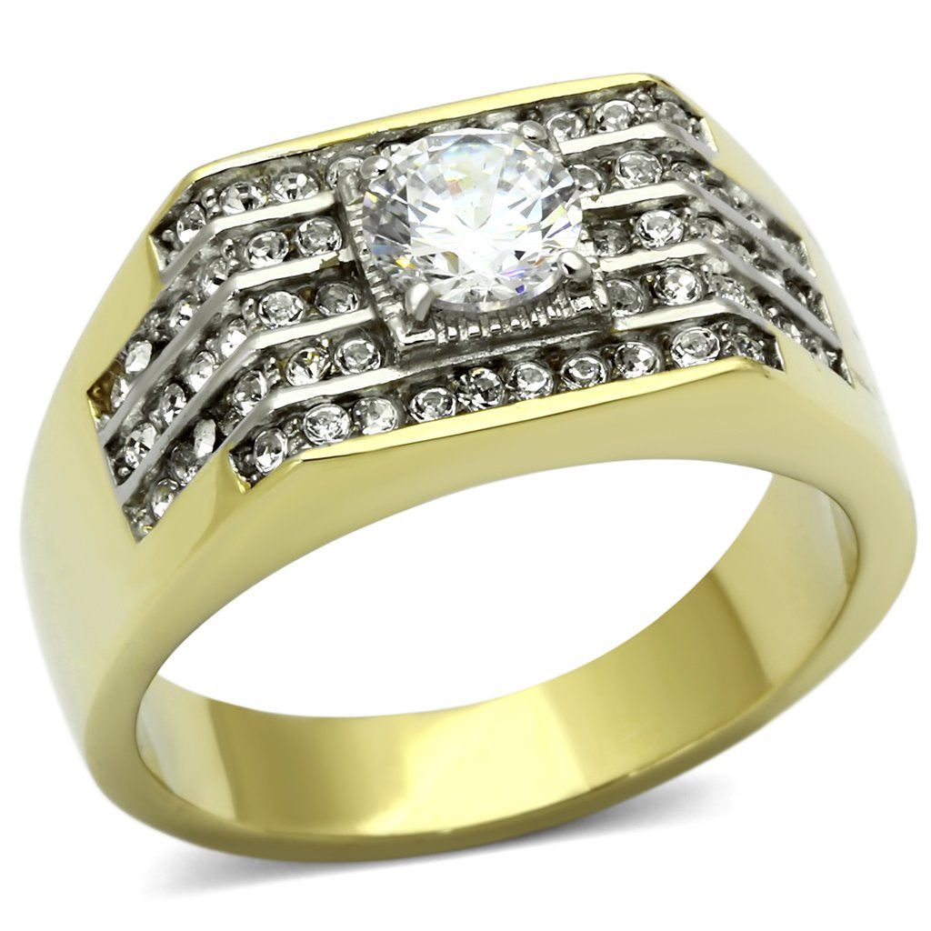 JCE737 Two-Tone IP Gold (Ion Plating) Stainless Steel Ring with AAA Grade CZ  in Clear