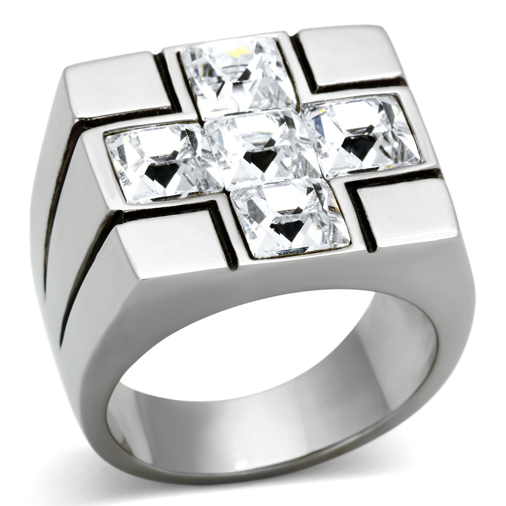 JCE919 High polished (no plating) Stainless Steel Ring with Top Grade Crystal  in Clear