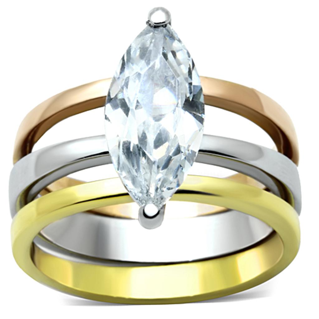 JCE964 Three Tone IP+»-+-åIP Gold & IP Rose Gold & High Polished) Stainless Steel Ring with AAA Grade CZ  in Clear