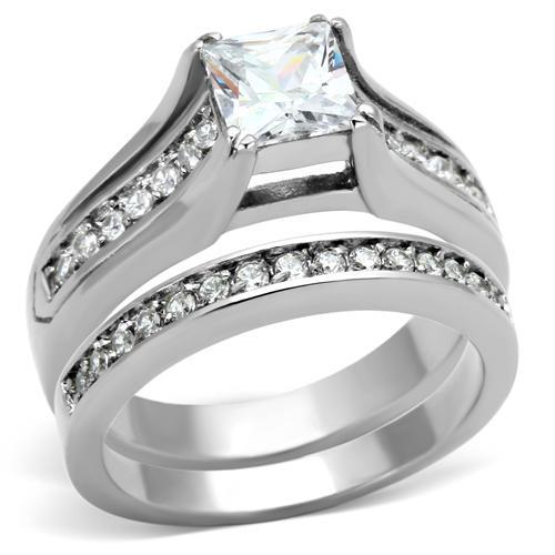 JCE969 High polished (no plating) Stainless Steel Ring with AAA Grade CZ  in Clear