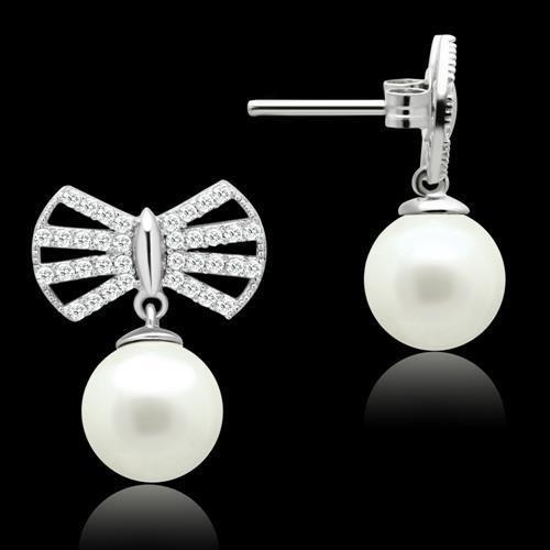 JCE063 Rhodium 925 Sterling Silver Earrings with Synthetic Pearl in White