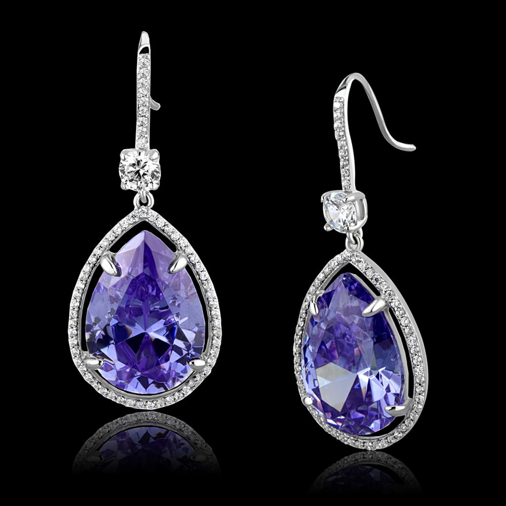 JCE477 Rhodium 925 Sterling Silver Earrings with AAA Grade CZ  in Light Amethyst